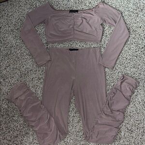 Nude Off-Shoulder Top and Ruched Leggings Set